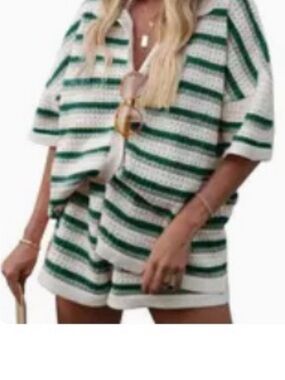 Striped Knit Button-Down Top — Green & White